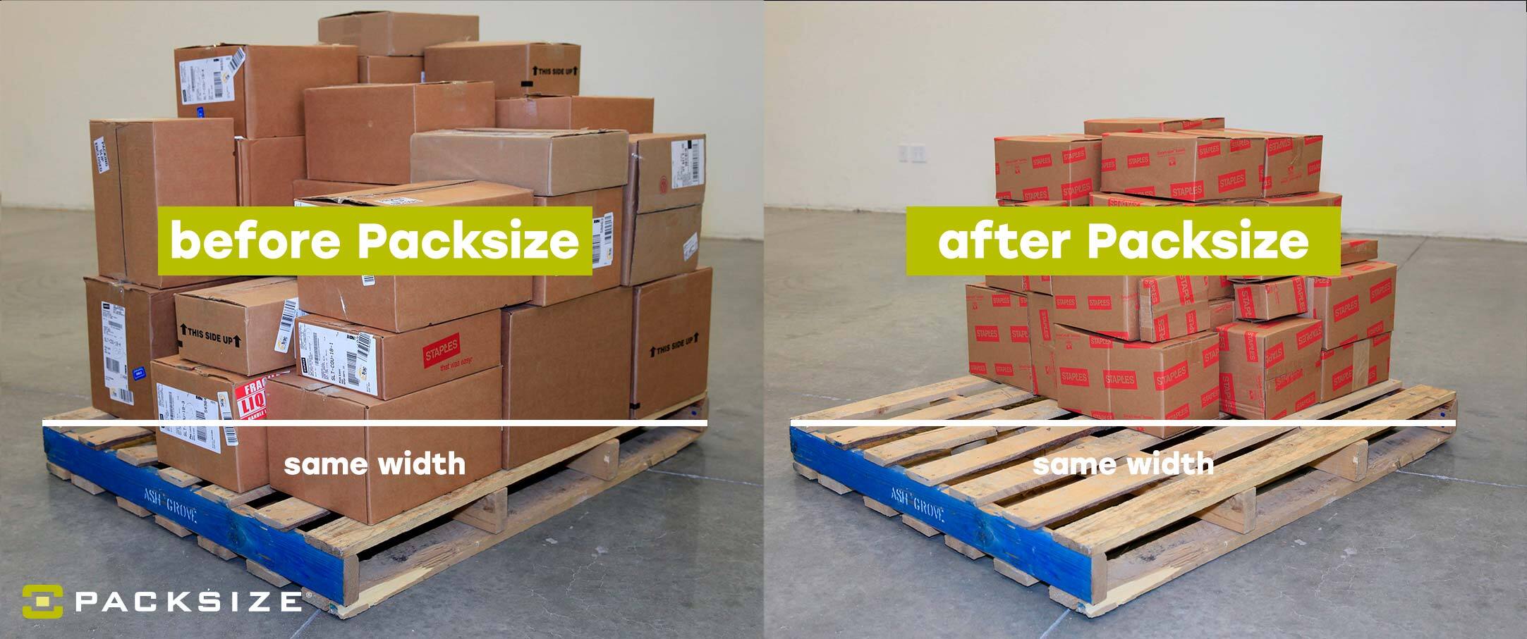 PPWR box sizes: An example of a typical Staples shipping pallet before (and after) Packsize optimization