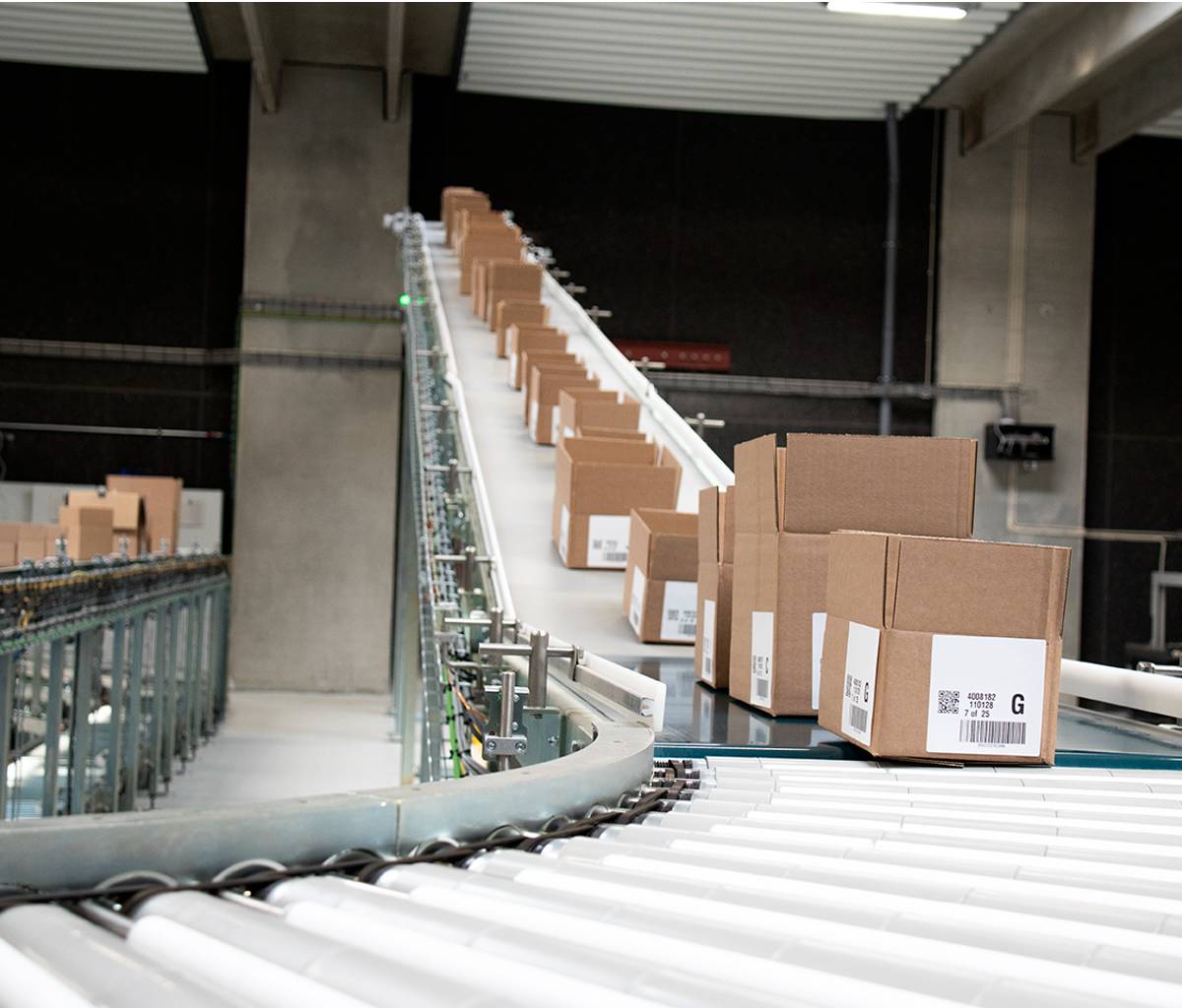A photo of right-sized packages produced on a Packsize solution, travelling up a conveyor in a warehouse.